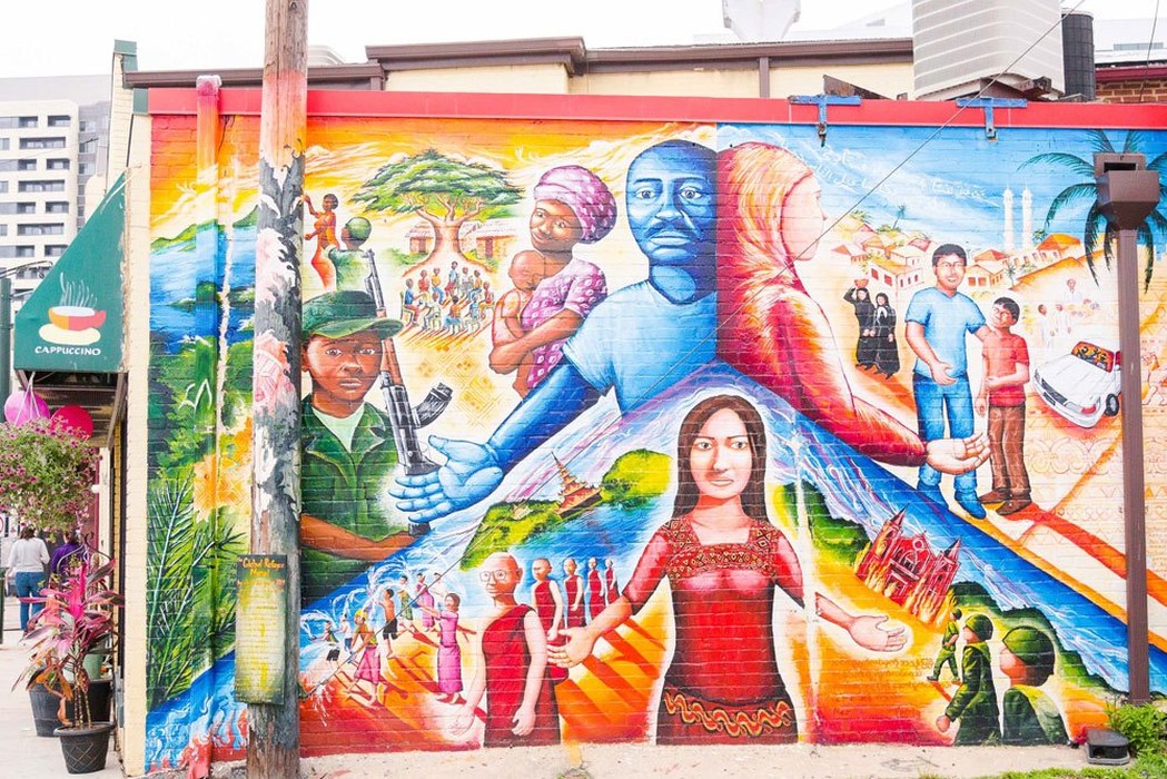Community mural on a building wall in Fenton Village, Silver Spring, Maryland